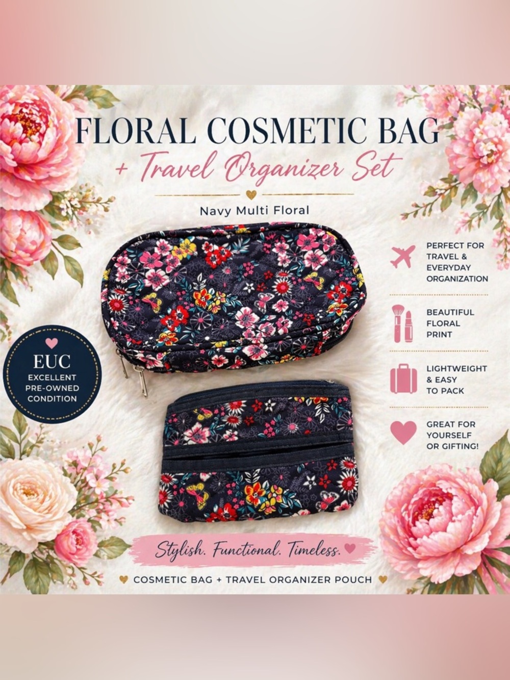 Floral Cosmetic Bag & Travel Organizer Pouch Set Navy Multi EUC